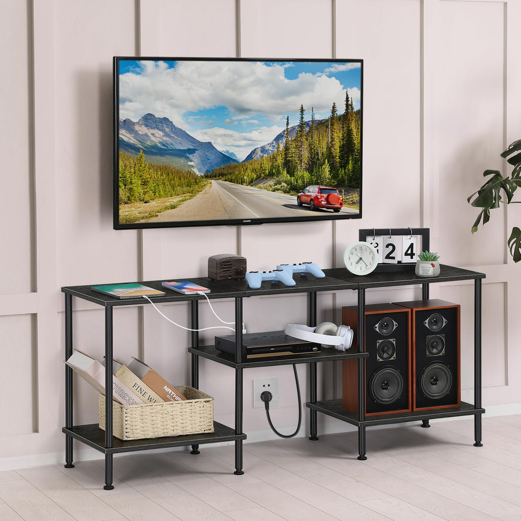 OYEAL Black Bedroom TV Stand with Power Outlets up to 50 inch TV, Small Entertainment Center Stand with Storage Modern Media TV Console Table for Living Room Bedroom
