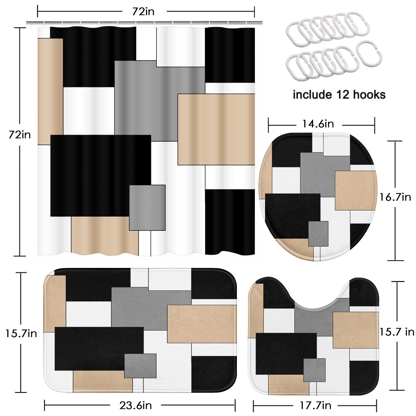 Beige Geometric Shower Curtain Set with Toilet Lid Cover and Non-Slip Rugs for Bathroom, Black Grey White Checkered 4 Pcs Shower Curtain, Modern Abstract Bathroom Set with 12 Hooks