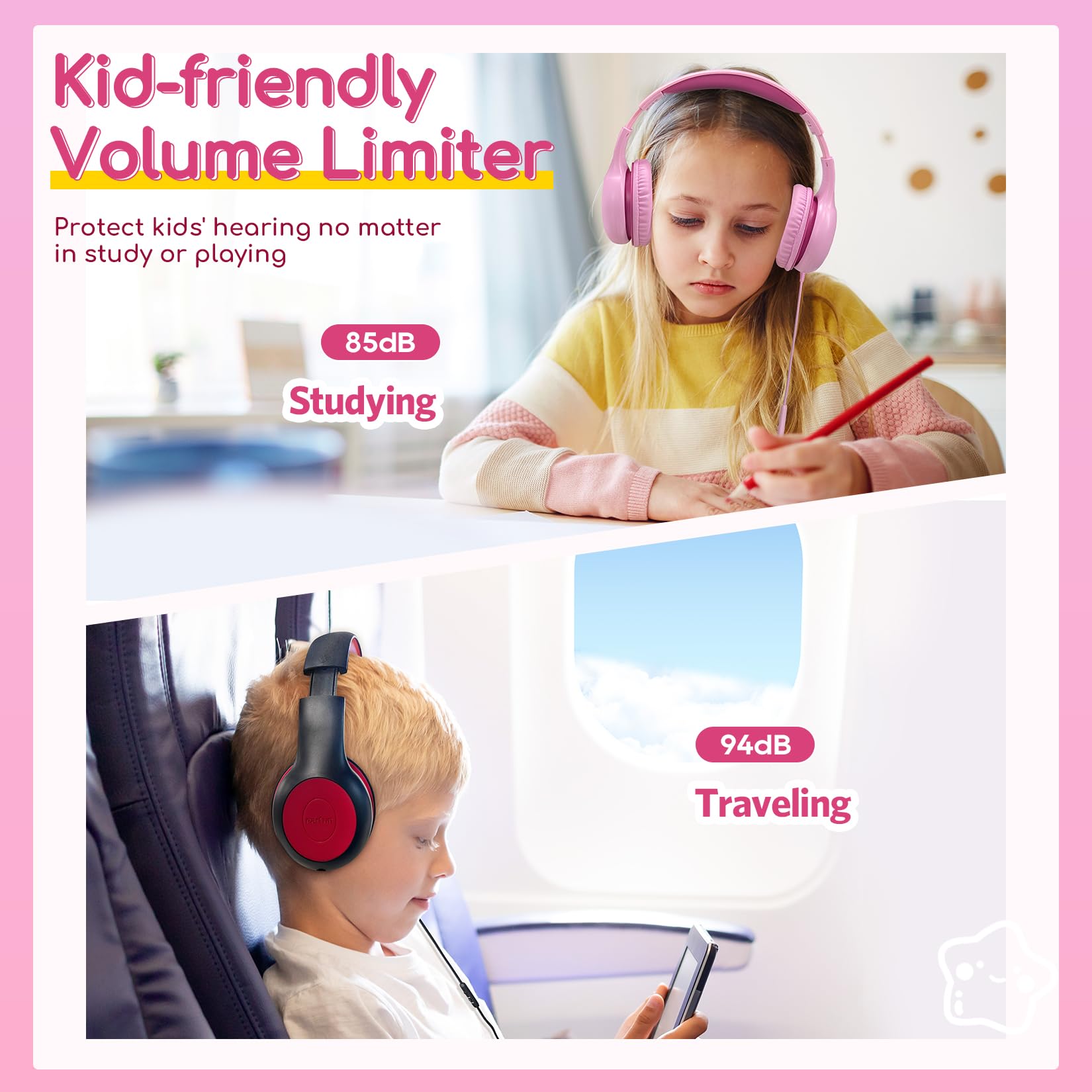 EarFun K1 Kids Headphones Wired with Microphone, 85/94dB Volume Limit Headphones for Kids, Portable Wired Headphone with Shareport, Stereo Sound Foldable Headset for School/Tablet/iPad, Black Red