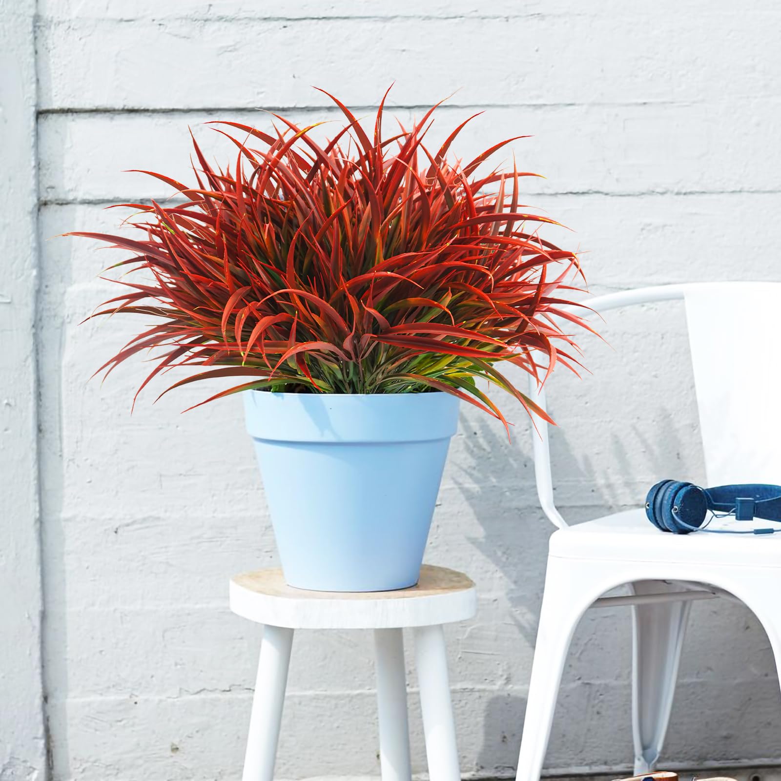 Uieke 28 Bundles Artificial Outdoor Plants UV Resistant Fake Grass Plants Faux Plastic Plants Greenery Shrubs for Home Garden Pathway Window Box Front Porch Cemetery Fall Decor, Autumn Red