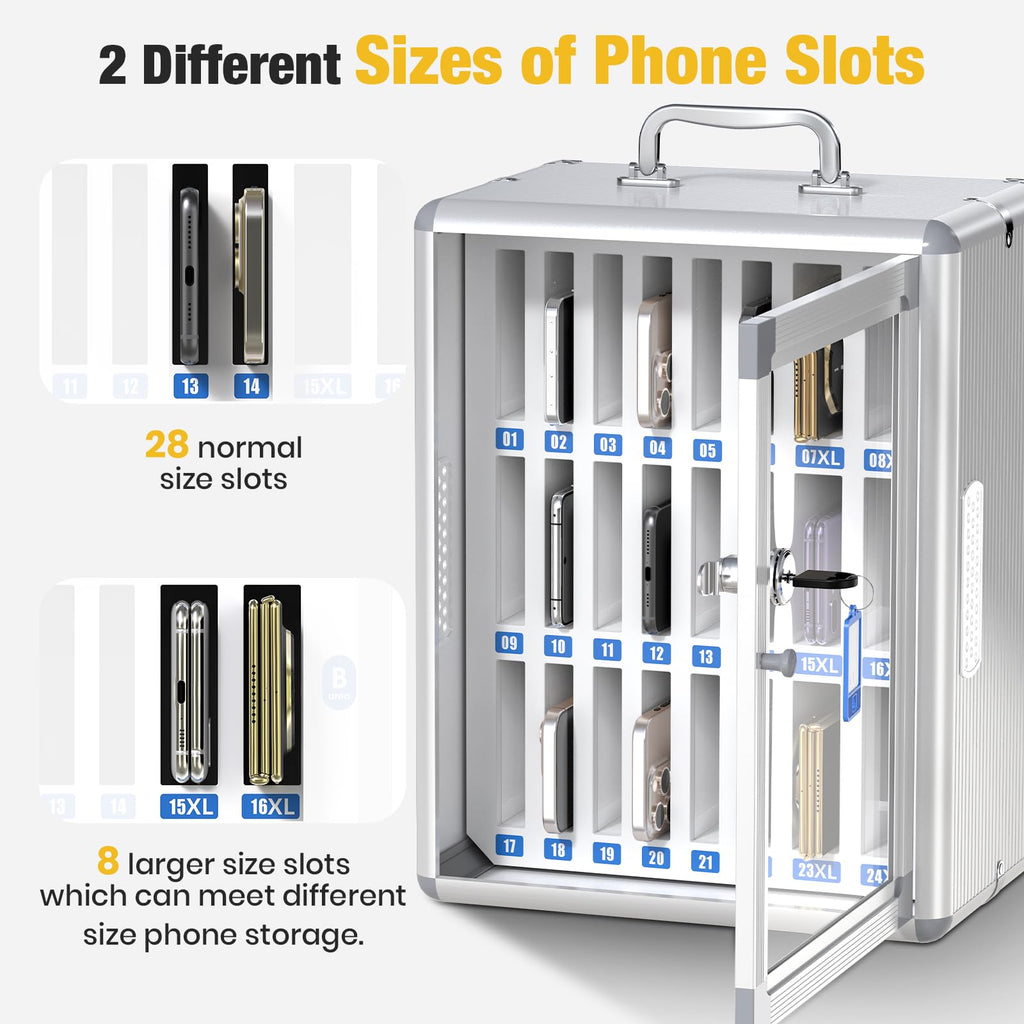 Glosen Cell Phone Locker 24 Slots, Portable Phone Storage Cabinet [Wall Mounted] [Silver 24 Slots-Universal Key ] Aluminum Alloy Cellphone Lock Box with Key & Handle for School Classroom Office Exam
