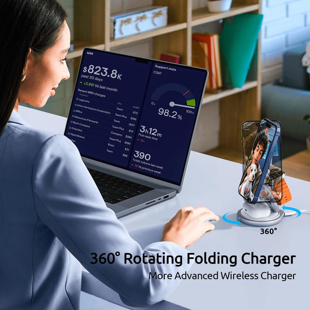 3 in 1 Charging Station for Apple Magsafe Travel Charger for Multiple Devices Aluminum Foldable Magnetic Wireless Charger with 360 Rotating for iPhone 17/16/15/14/13/12 Series,for iWatch,for Airpods