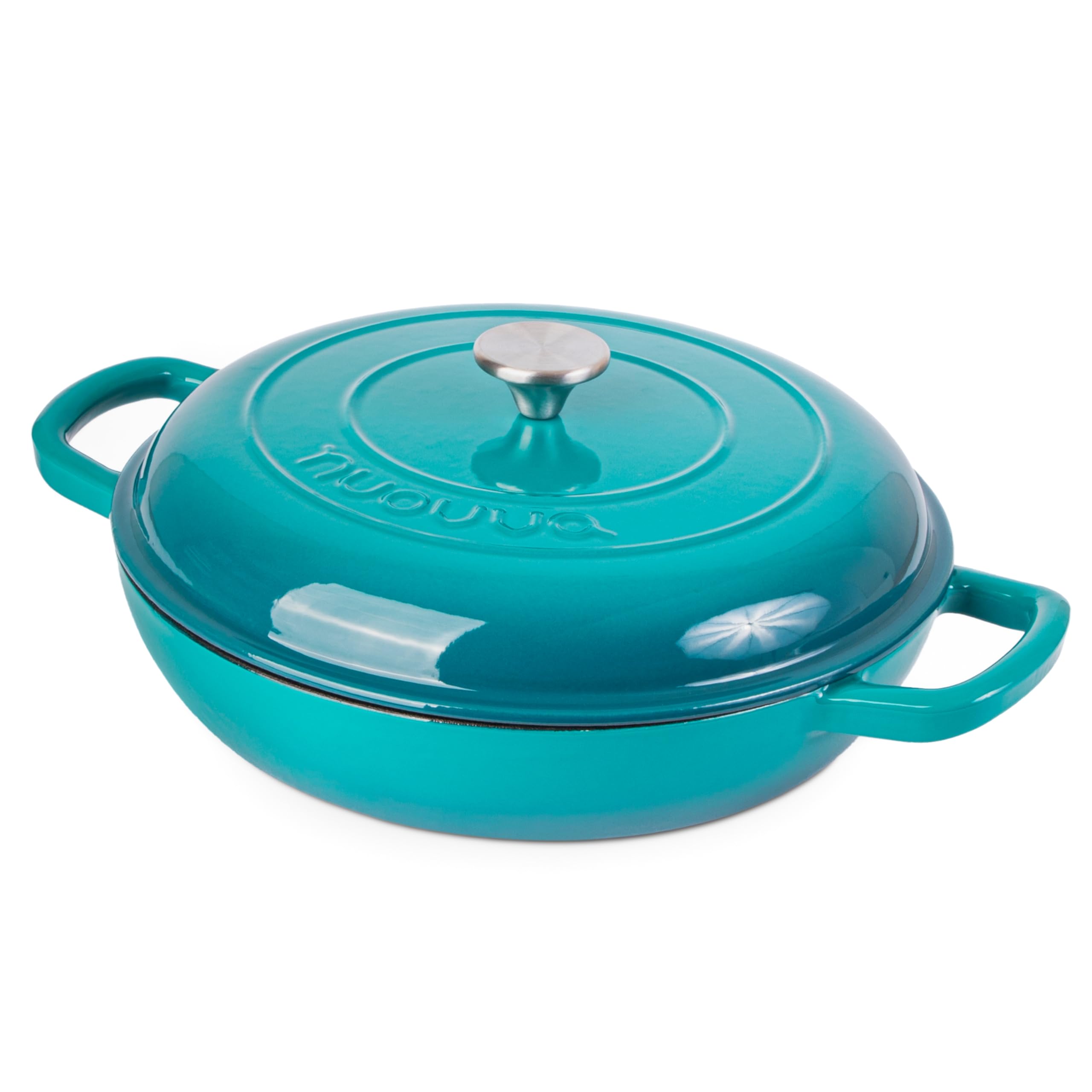 Shallow Cast Iron Casserole with Lid – Non Stick Dutch Oven Pot, Oven Safe up to 500° F – Sturdy Ovenproof Stockpot Cookware – Enamelled Cooking Pot – Black, 5-Quart, 32cm – by Nuovva