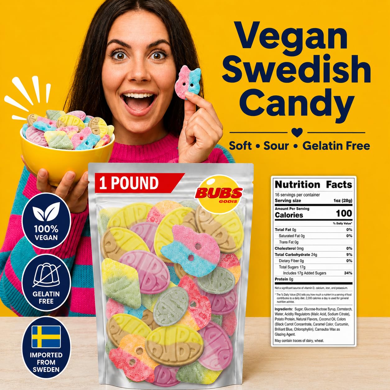 BUBS Swedish Candy Mix 1 lb - Authentic Sweet and Sour Swedish Gummies - Gelatin-Free Vegan Gummy Candy Assortment, Imported from Sweden - Foam Candy - Big Ovals, Dizzy Skulls, Tutti Frutti and More
