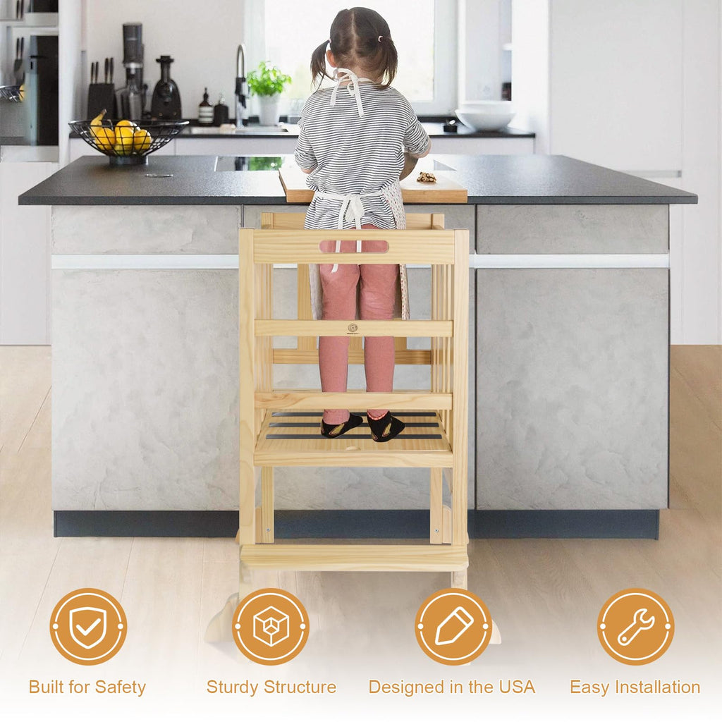 Foldable Toddler Learning Standing Tower, WOOD CITY Montessori Kitchen Step Stool Ideal Helper with 3 Adjustable Heights for Learning New Skills(Natural)