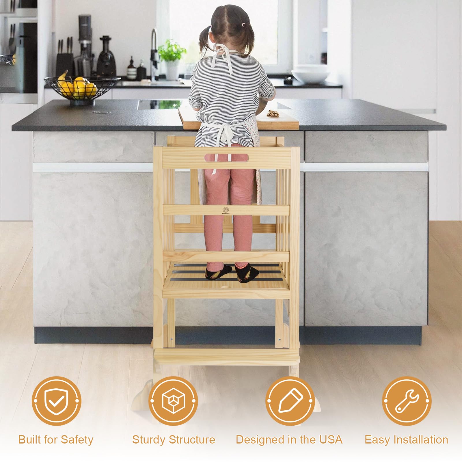 Foldable Toddler Learning Standing Tower, WOOD CITY Montessori Kitchen Step Stool Ideal Helper with 3 Adjustable Heights for Learning New Skills(Natural)