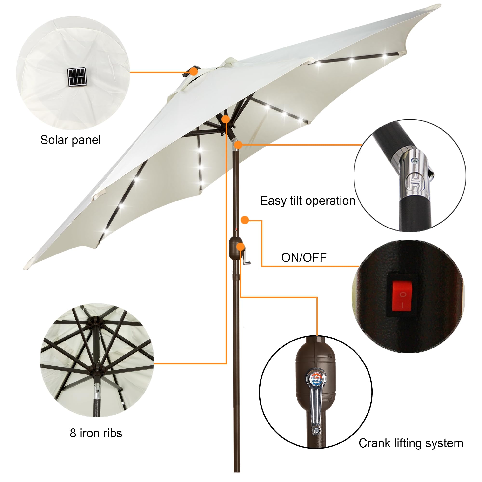 Blissun 9 ft Solar Umbrella, 32 LED Lighted Patio Umbrella, Table Market Umbrella, Outdoor Umbrella for Garden, Deck, Backyard, Pool and Beach (Light Blue)