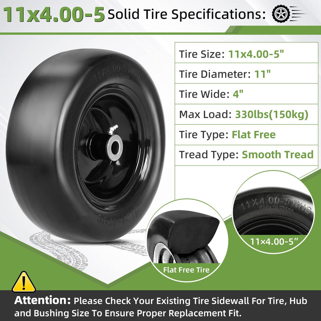 2 PCS 11x4.00-5" Lawn Mower Tires Flat Free,3/4" 5/8" 1/2" Bushing,3.4"-4"-4.5"-5" Centered Hub,Universal Fit Smooth Tread Tire for Zero Turn Lawn Mowers, with Universal Adapter Kit(Blcak Rim)