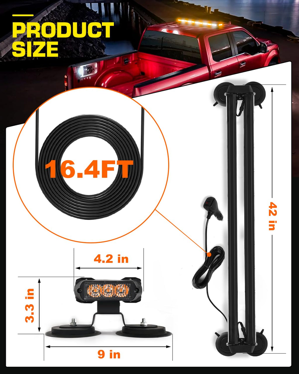 42" Roof Top Strobe Light Bar Amber White Emergency Traffic Advisor Lights, Double Side Warning Safety Flashing w/Magnetic Mount for Construction Vehicles Plow Trucks Pickup, Amber/White