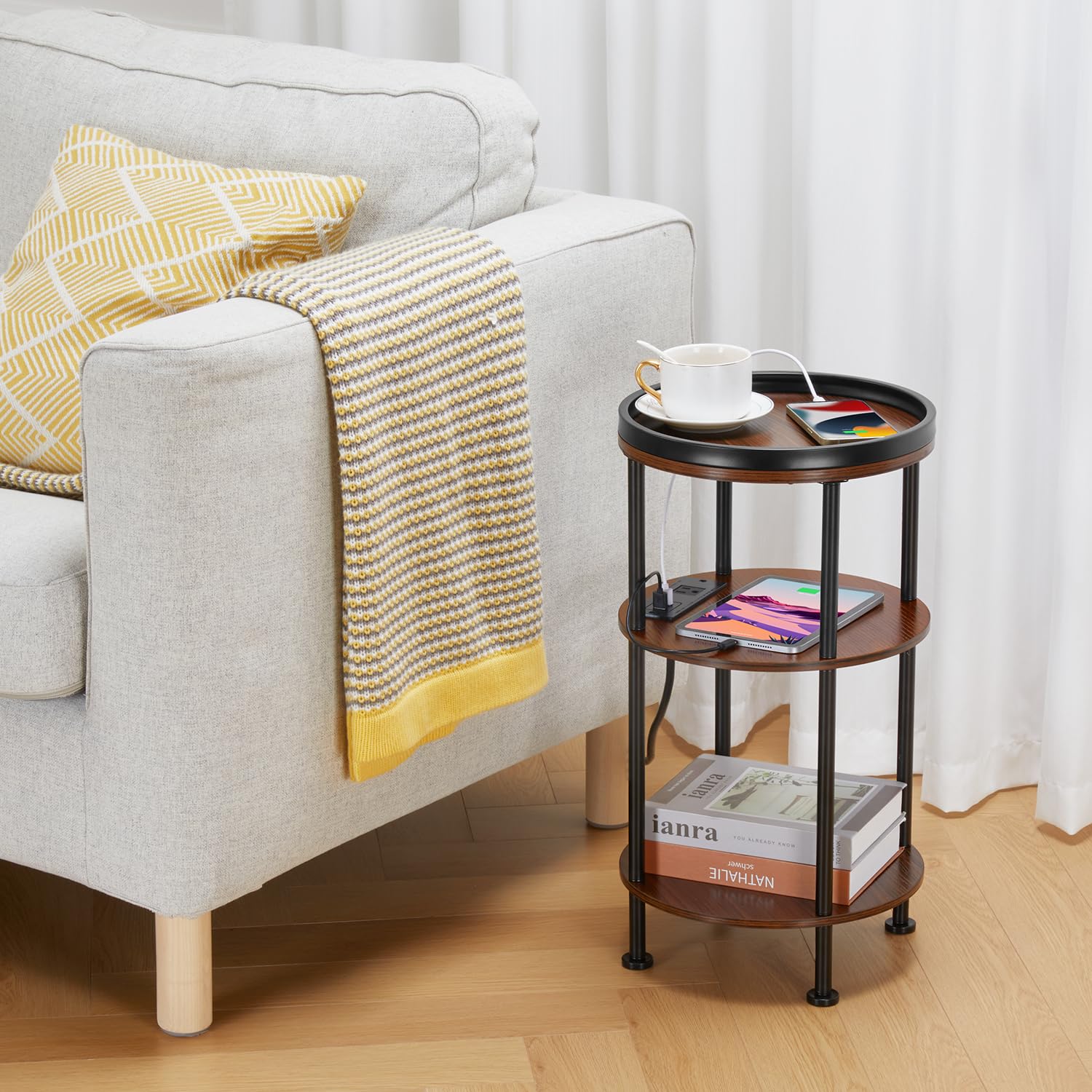 Small Round Side Table with Charging Station for Small Spaces, 3-Tier Accent Table with USB Ports & Power Outlets, Sofa Corner Tea Table for Living Room Nightstand Bedroom Apartment (Black)