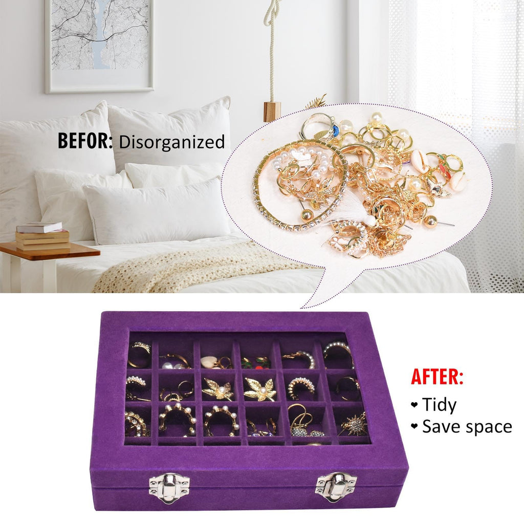 Vicoter Velvet Jewelry Box 24 Grid Jewelry Ring Display Organiser Box Tray Holder Earrings Storage Case for Girls Wife Mom Women (Beige)