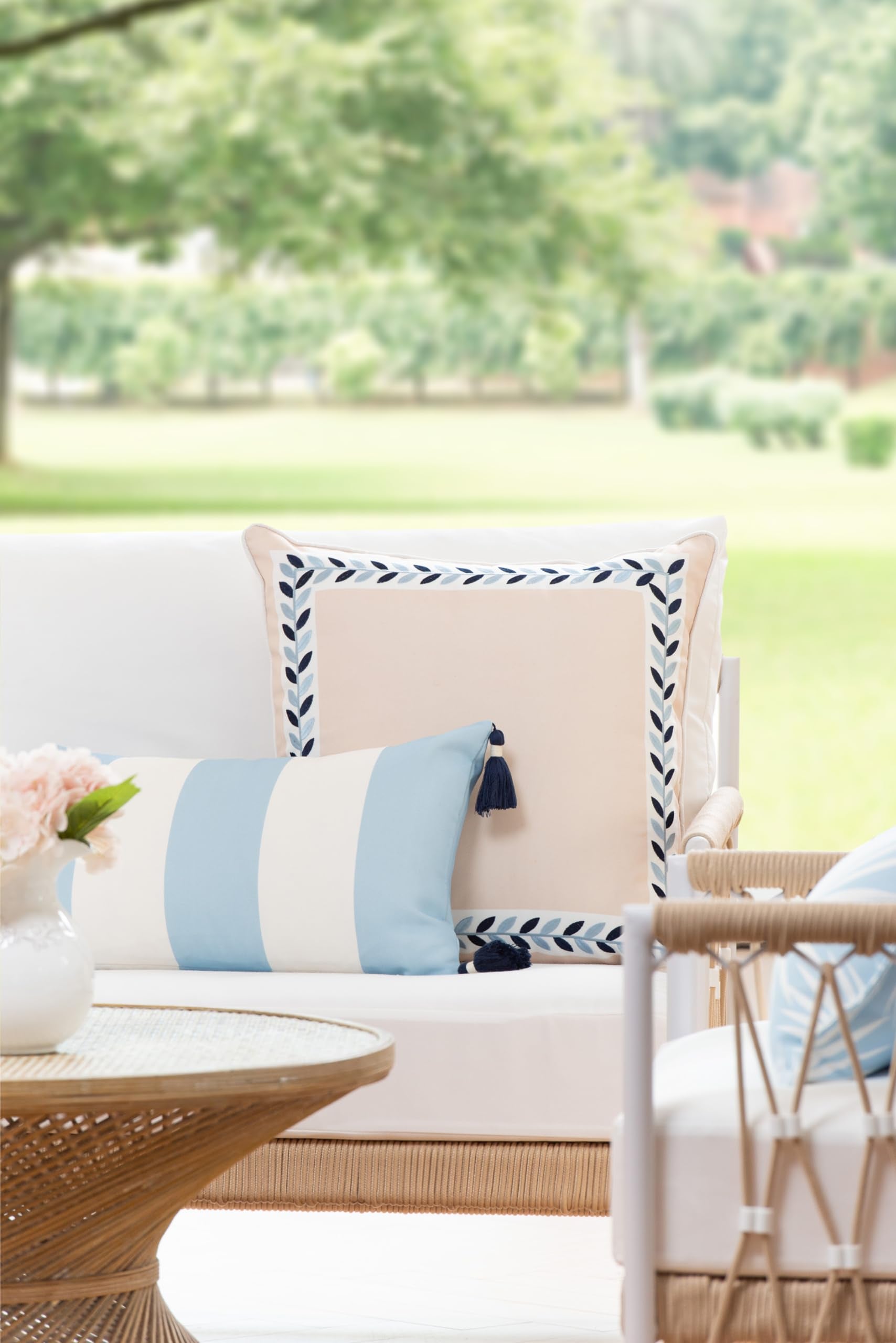 Hofdeco Premium Coastal Patio Indoor Outdoor Lumbar Pillow Cover Only, 12"x20" Water Repellent for Backyard, Couch, Baby Blue Green Floral with Piping