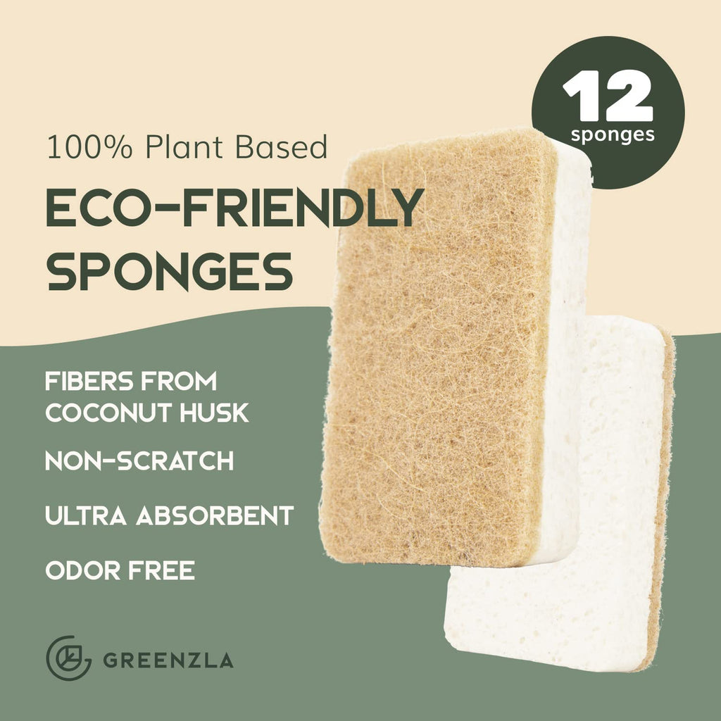 Greenzla Kitchen Sponges, Odor Free Plant-Based Dish Sponges, Non-Scratch Sisal Hemp Scouring Pads for Dishes, Countertops, Bathtubs, and Tiles, 6 Pack