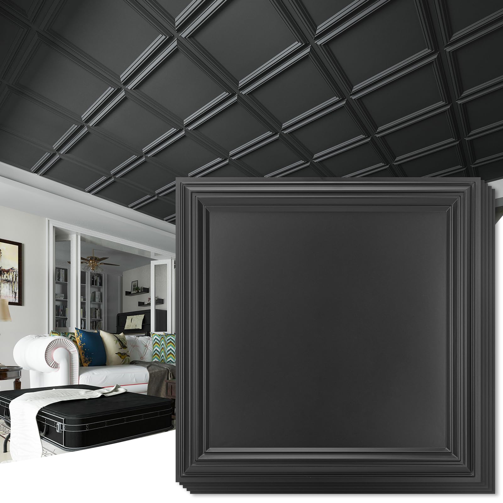 Art3d Drop Ceiling Tiles 24x24in. (12-Pack, 48 Sq.ft), Wainscoting Panels Glue Up 2ft x 2ft for Interior Décor in Living Room, Bedroom & Office, Star Black