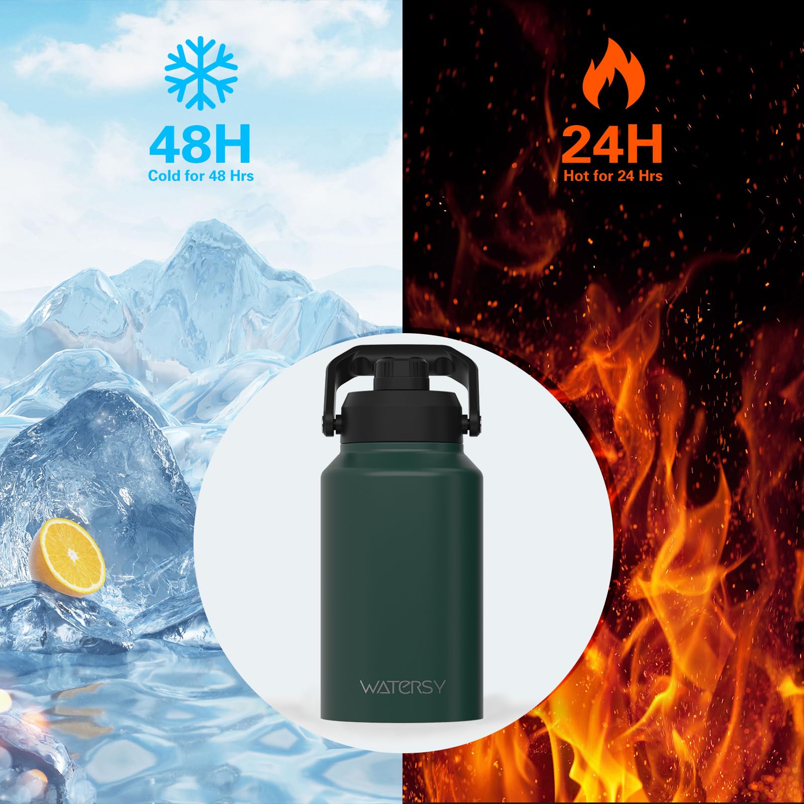WATERSY Half Gallon Water Bottle Insulated(Cold for 48 Hrs),BPA Free&Leak Proof,64oz Stainless Steel Water Jug/Flask,Big thermo,Large Water Bottle with Handle for Gym,Hiking,Camping,Black