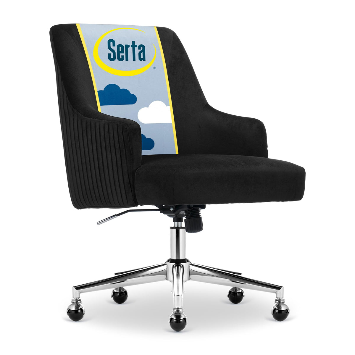 Serta Scarlett Modern Office Chair, Pleated and Curved Mid-Back Desk Chair, Pocket Coil Seat Cushion, Padded Armrests, Vanity Armchair with Wheels, Swivel Gold Base, Beige Velvet Fabric