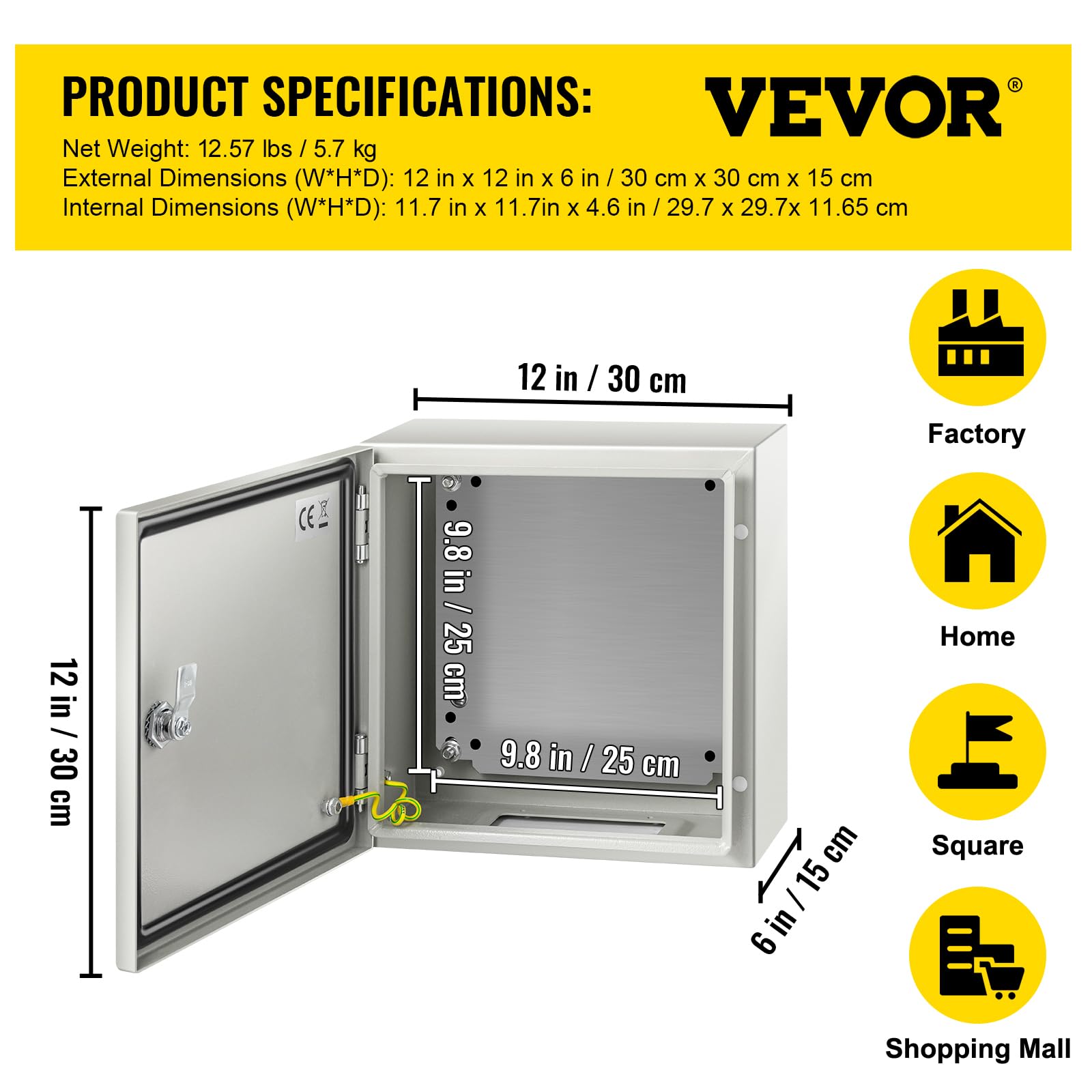 VEVOR NEMA Steel Enclosure, 8" x 8" x 6" NEMA 4X Steel Electrical Box, IP66 Waterproof & Dustproof, Outdoor/Indoor Electrical Junction Box, with Mounting Plate