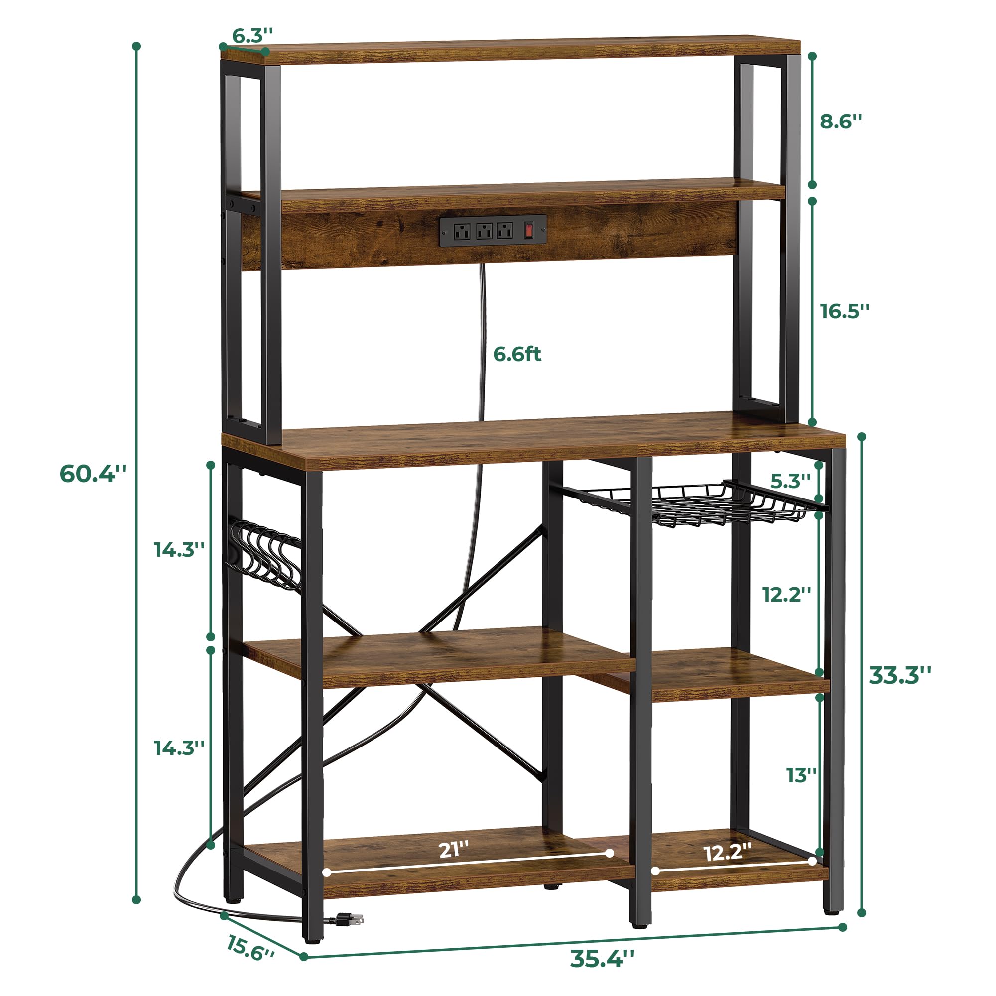 SUPERJARE Bakers Rack with Power Outlet, 35.4 Inches Coffee Bar with Wire Basket, Kitchen Microwave Stand with 6 S-Shaped Hooks, Open Storage Shelves, Black