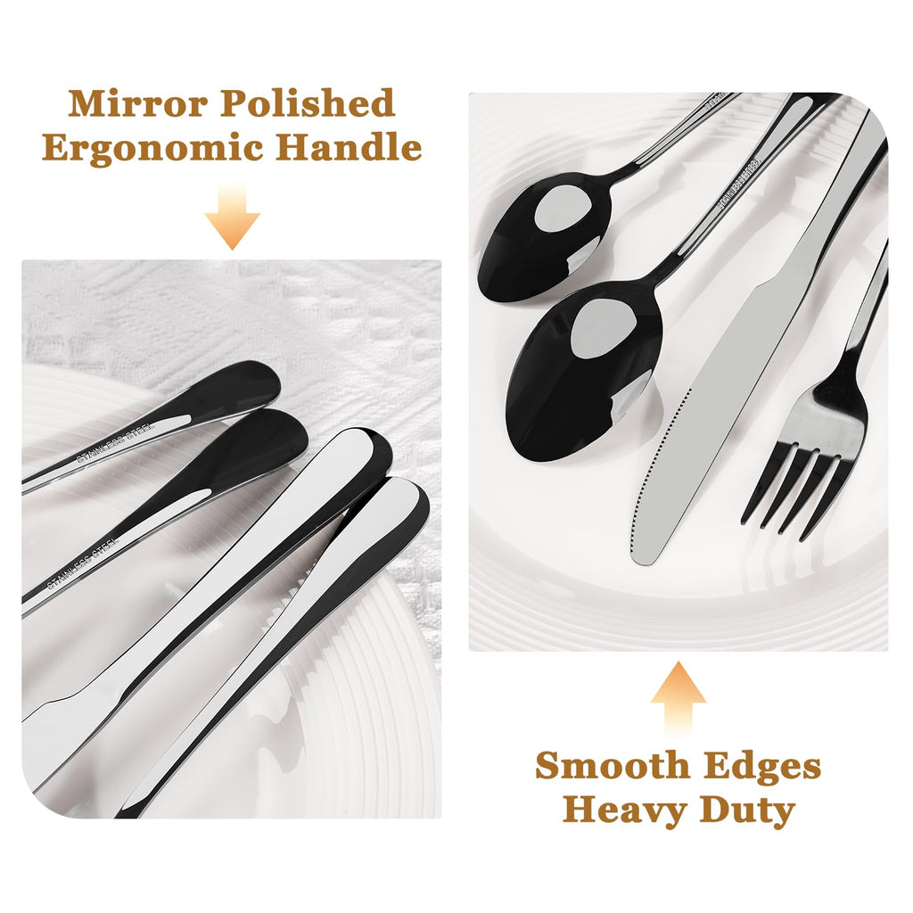 Astercook 24-Piece Black Silverware Set with Steak Knives Flatware Set for 4 Food-Grade Stainless Steel Cutlery Set Mirror Polished Utensils Set Include Spoons and Forks for Home Kitchen Restaurant