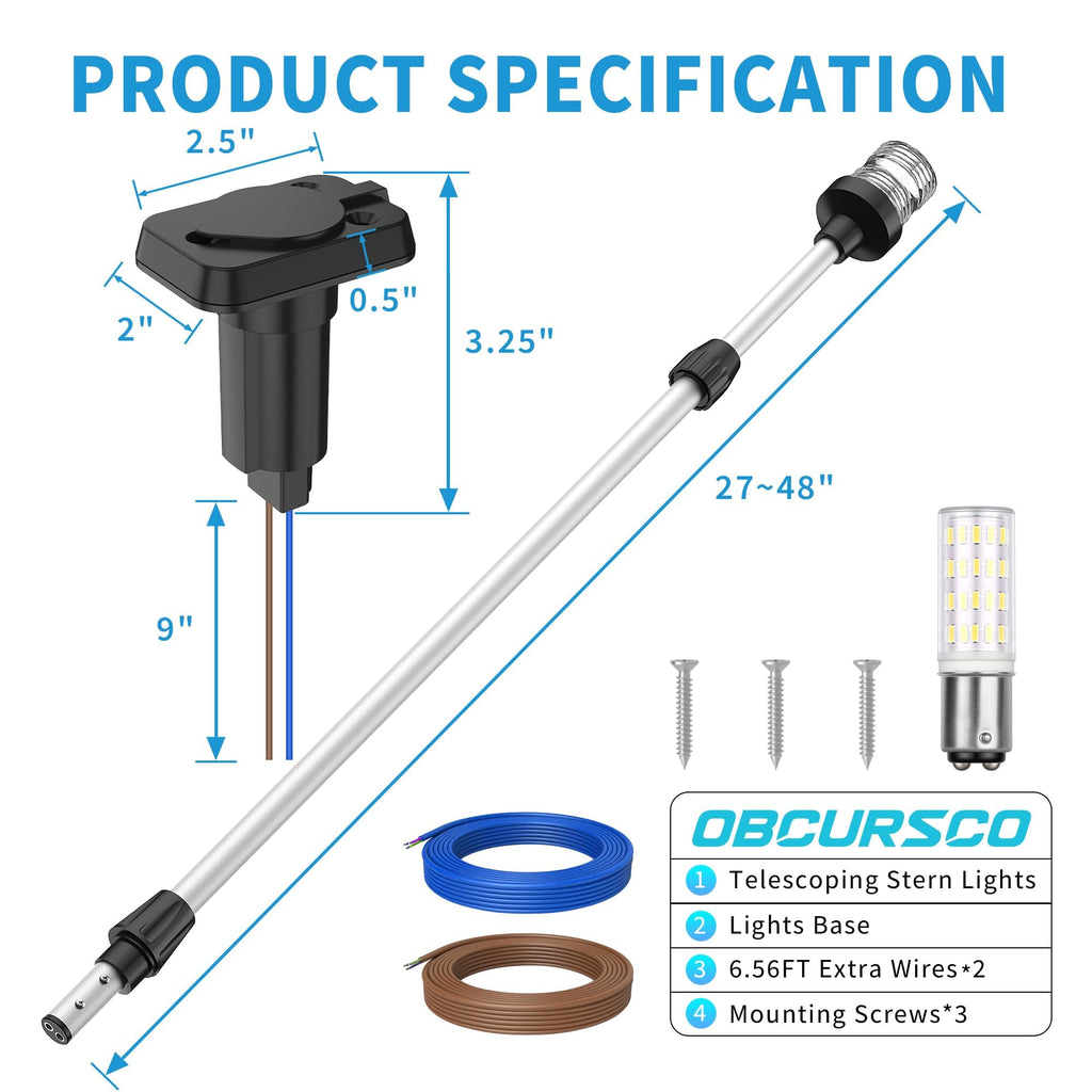 Obcursco Boat Stern Lights, Telescoping Pole 27"-48" LED Anchor Light with Base, 12V Adjustable 3NM 360° Navigation Lighting for Pontoon, Yacht, Bass, and Fishing Boats (27"-48", Black)