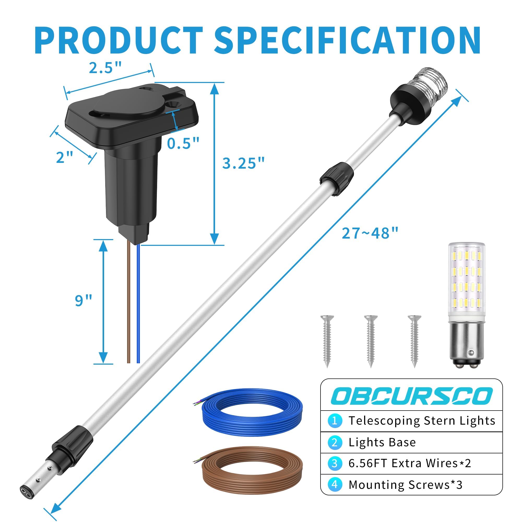 Obcursco Boat Stern Lights, Telescoping Pole 27"-48" LED Anchor Light with Base, 12V Adjustable 3NM 360° Navigation Lighting for Pontoon, Yacht, Bass, and Fishing Boats (27"-48", Black)
