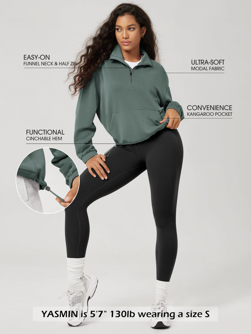 ODODOS Women's Modal Soft Cinchable Sweatshirts Half Zipper Funnel Neck Oversize Pullover with Pockets