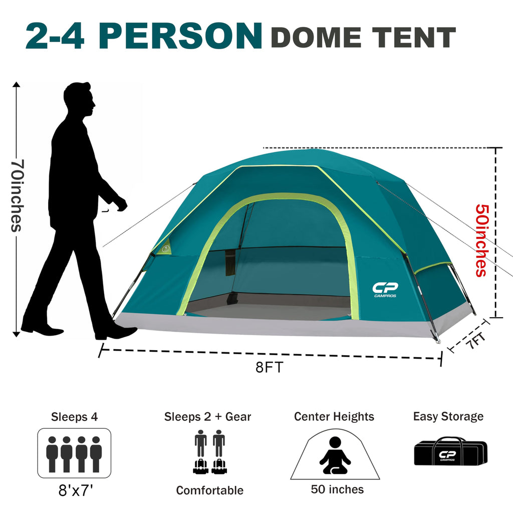 CAMPROS CP Camping Tent 2/4/6 Person, Waterproof Windproof Double Layer Dome Tent, Easy Setup with Large Mesh Windows & Wide Door for Outdoor Camping Backyard