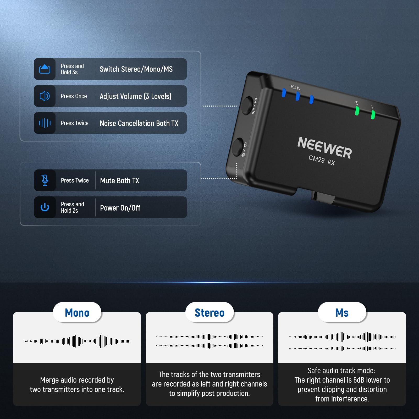 NEEWER CM28 Wireless Lavalier Microphone System, 1 Click Noise Canceling, 4GB Storage for 9Hrs of 48KHz 16 Bit Uncompressed Audio, Lapel Mic Compatible with iPhone/Android/PC/Camera/iPad