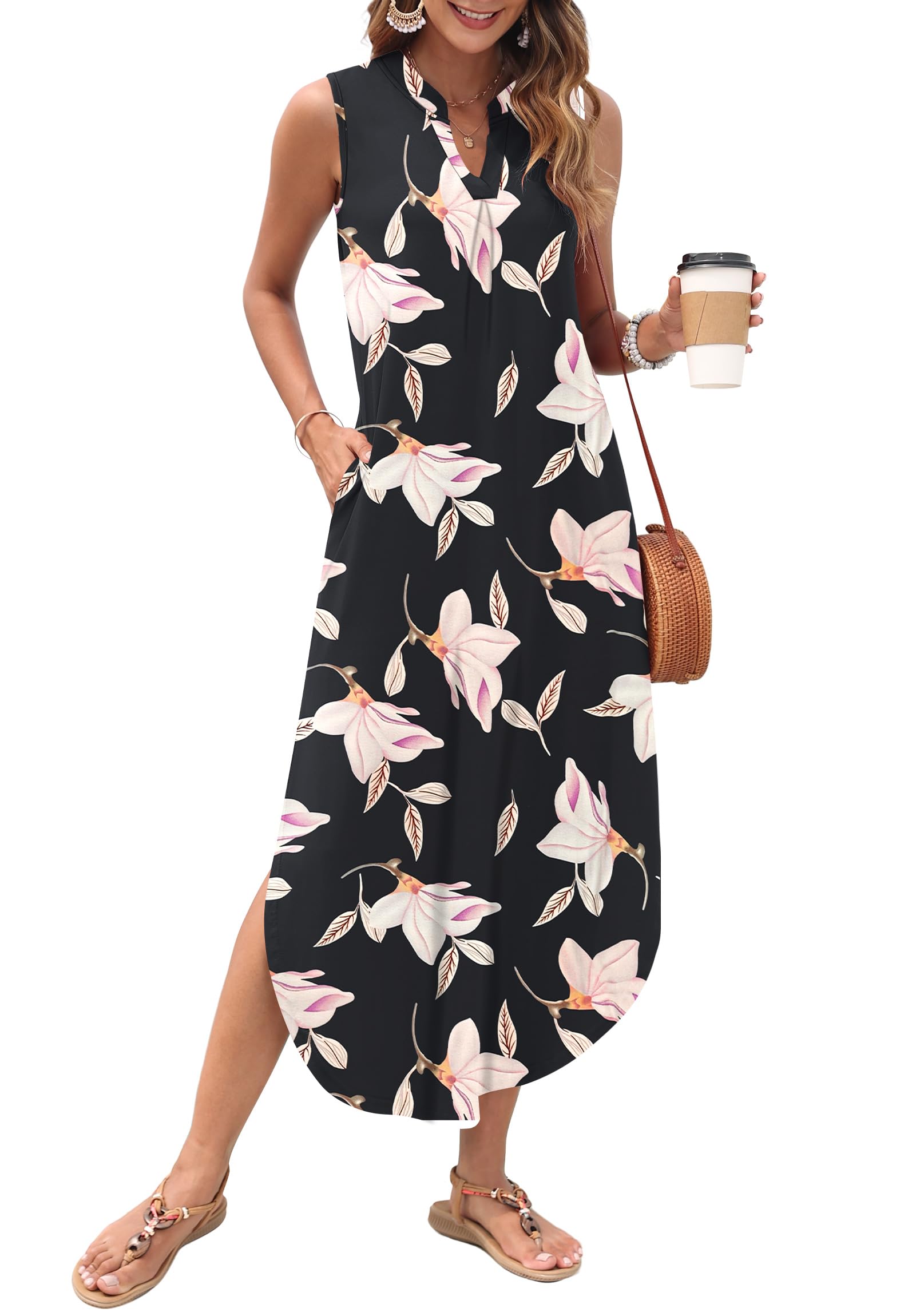 AUSELILY Womens Summer Casual Maxi Dresses 2026 Sleeveless Long Beach Dresses V Neck Loose Sundresses with Side Split Pockets