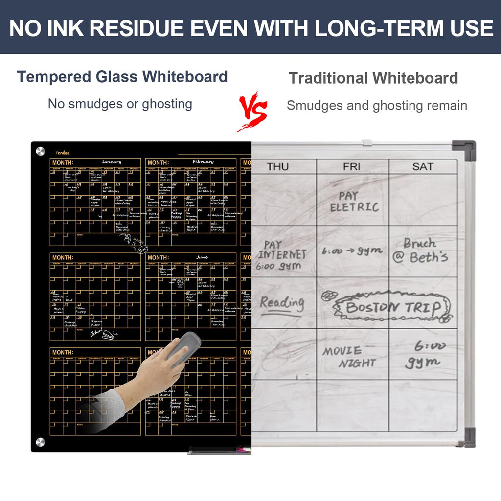 Dry Erase Board Black Magnetic Glass Whiteboard, TANKEE Modern Large Frameless Tempered Glass White Board for Wall, Office, School, Home, 36” x 24”, 3' x 2' White Board