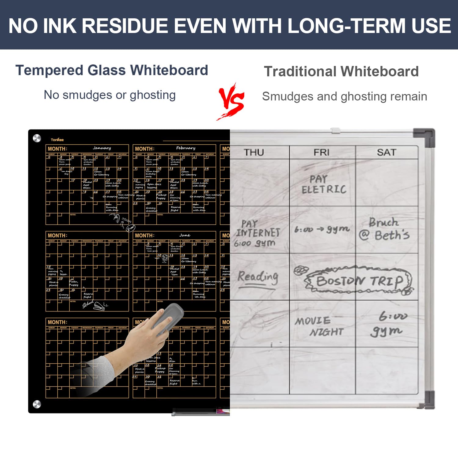 Dry Erase Board Black Magnetic Glass Whiteboard, TANKEE Modern Large Frameless Tempered Glass White Board for Wall, Office, School, Home, 36” x 24”, 3' x 2' White Board