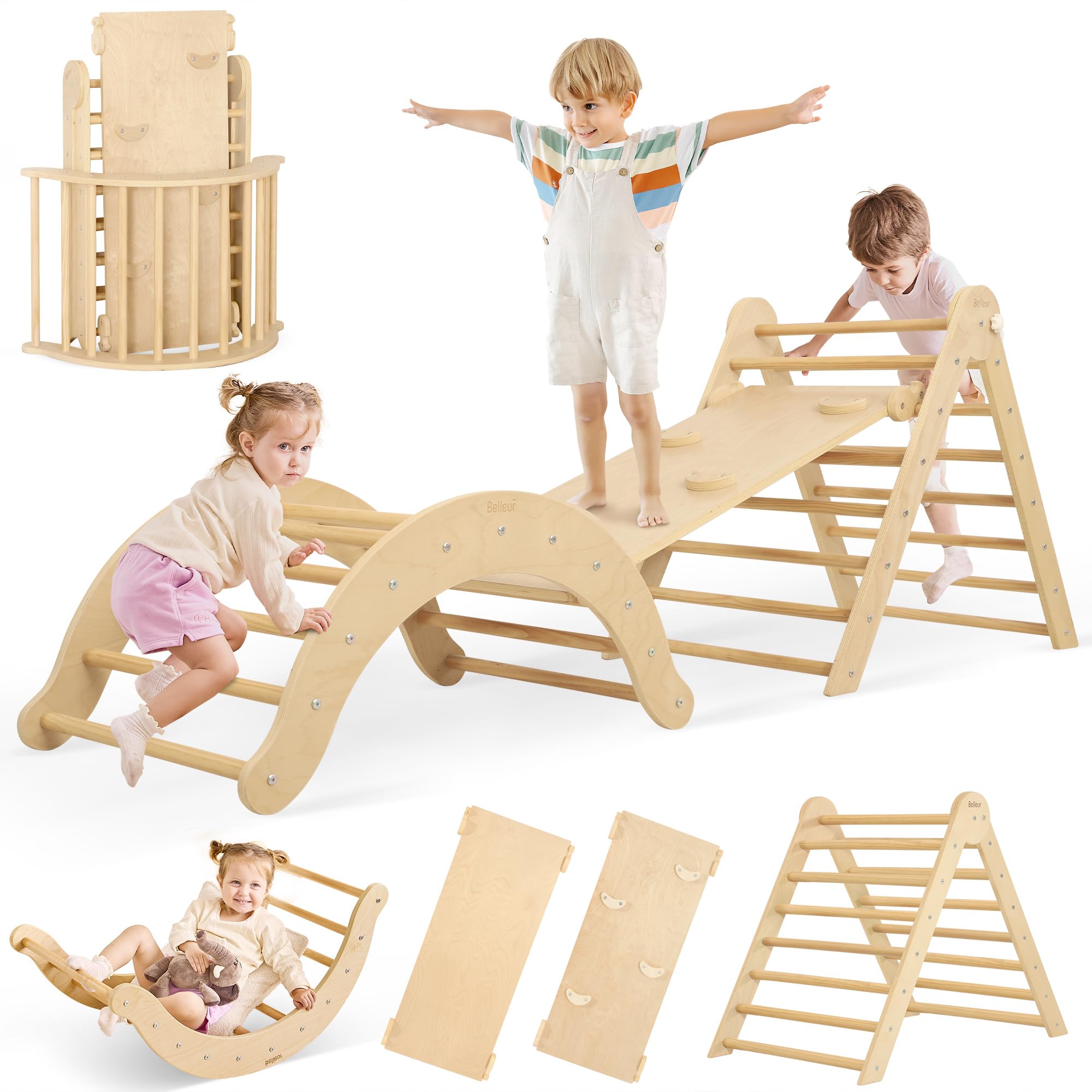 Belleur 7-in-1 Climbing Toys for Toddlers 1-3 Years Old, Foldable Wooden Pikler Triangle Set Indoor, Montessori Climbing Set with Arch, Ramp & Ladder - Natural
