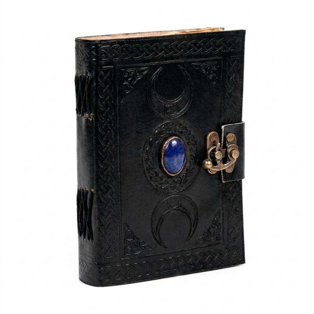 3 Moon Blue Lapis Embossed Vintage Leather Journal | 240 Pages of Antique Handmade Deckle Edge Vintage Paper, Leather Sketchbook, Drawing Journal, Great Gift (5 by 7 inch, black)
