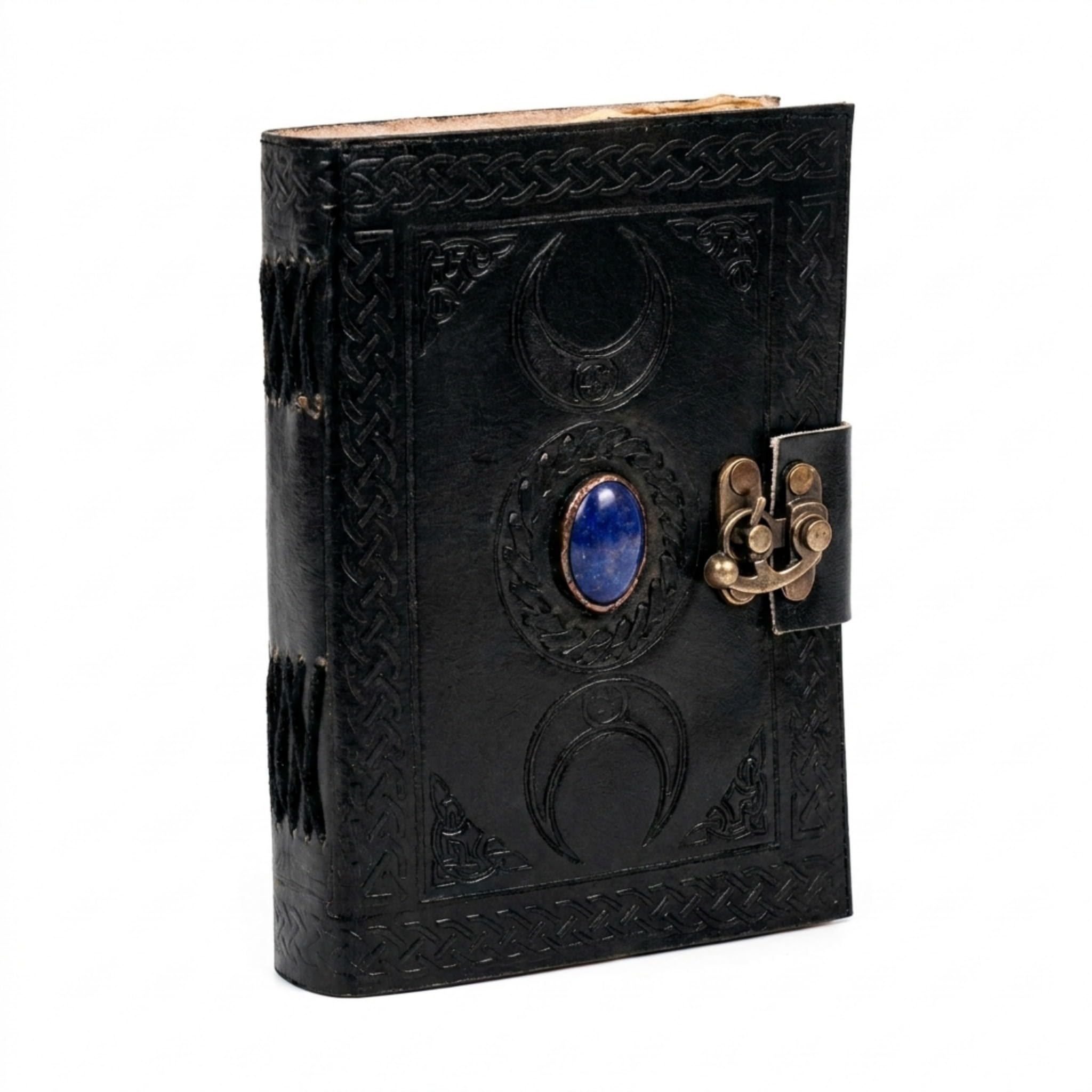 3 Moon Blue Lapis Embossed Vintage Leather Journal | 240 Pages of Antique Handmade Deckle Edge Vintage Paper, Leather Sketchbook, Drawing Journal, Great Gift (5 by 7 inch, black)