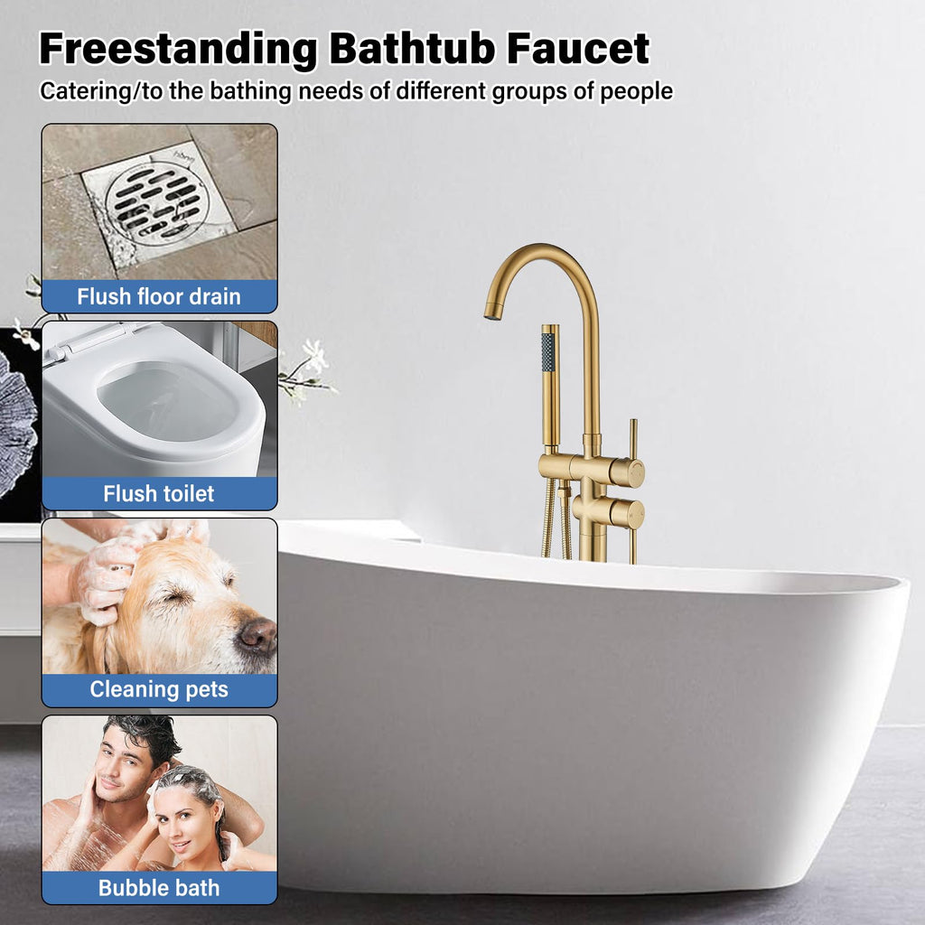 Brushed Gold Freestanding Bathtub Faucet with Hand Shower Tub Filler Faucet Floor Mounted High Flow Single Handle Bath Filler Solid Brass