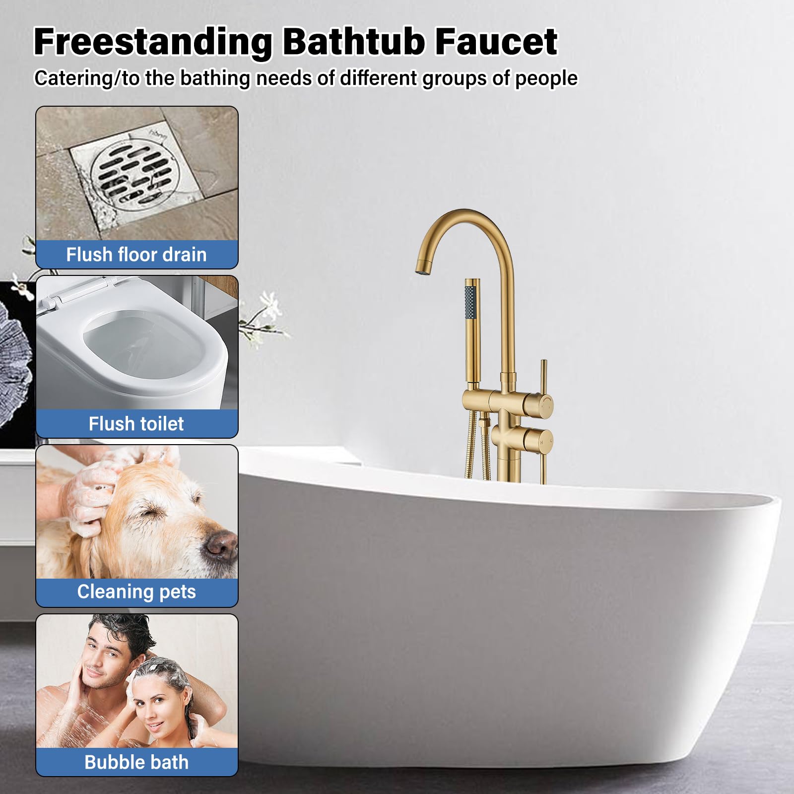 Brushed Gold Freestanding Bathtub Faucet with Hand Shower Tub Filler Faucet Floor Mounted High Flow Single Handle Bath Filler Solid Brass