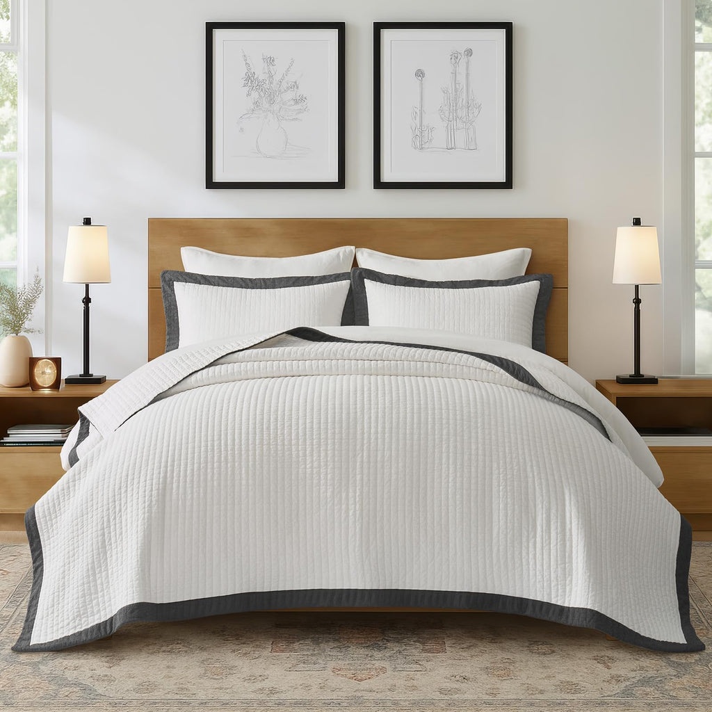EVERGRACE Cotton Border Frame Tack-Stitch Quilt Bedding Set Queen Size, Coastal Oversized 3 Pieces Lightweight Bedspread Coverlet for All Season, with 2 Matching Shams, Blue Linen