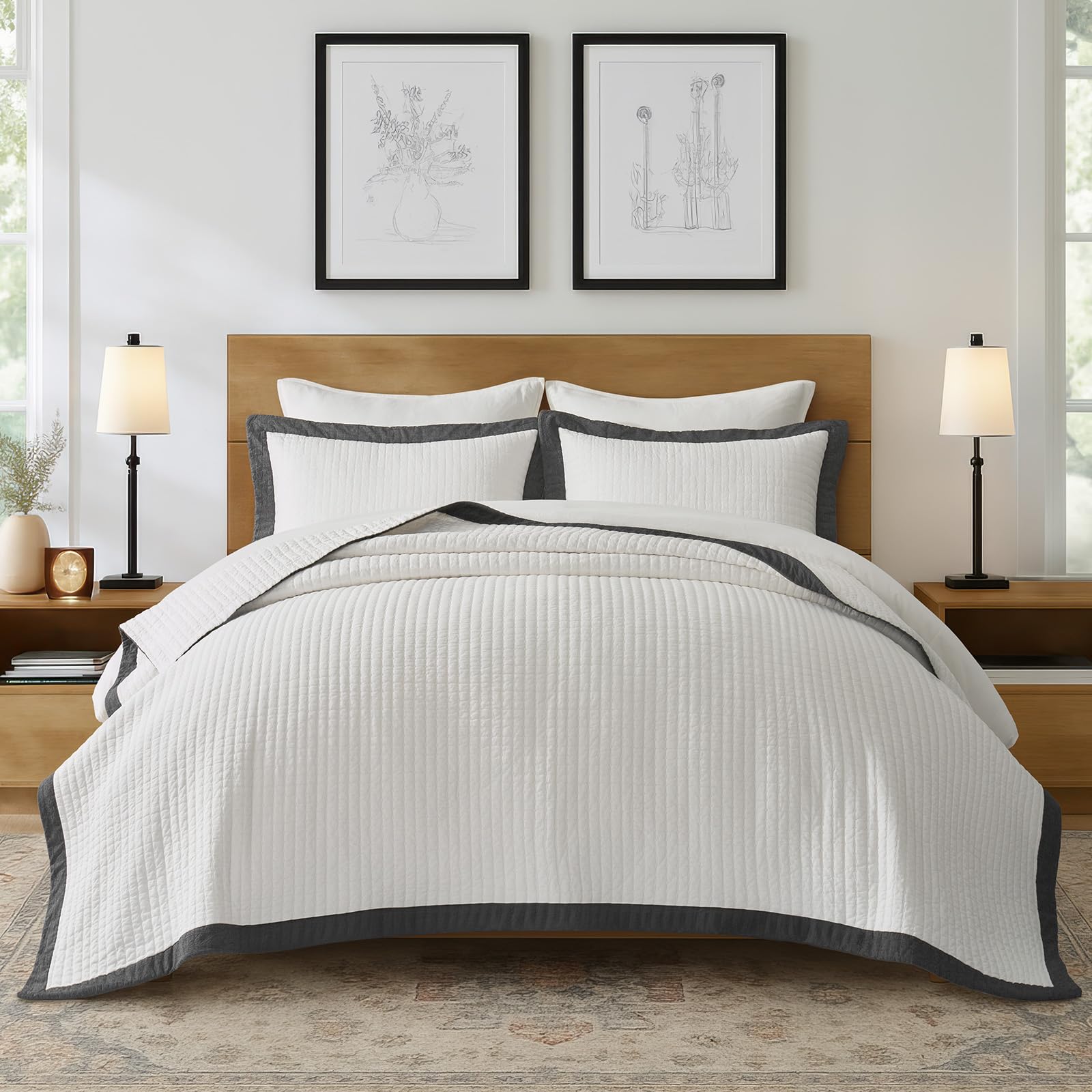 EVERGRACE Cotton Border Frame Tack-Stitch Quilt Bedding Set Queen Size, Coastal Oversized 3 Pieces Lightweight Bedspread Coverlet for All Season, with 2 Matching Shams, Blue Linen