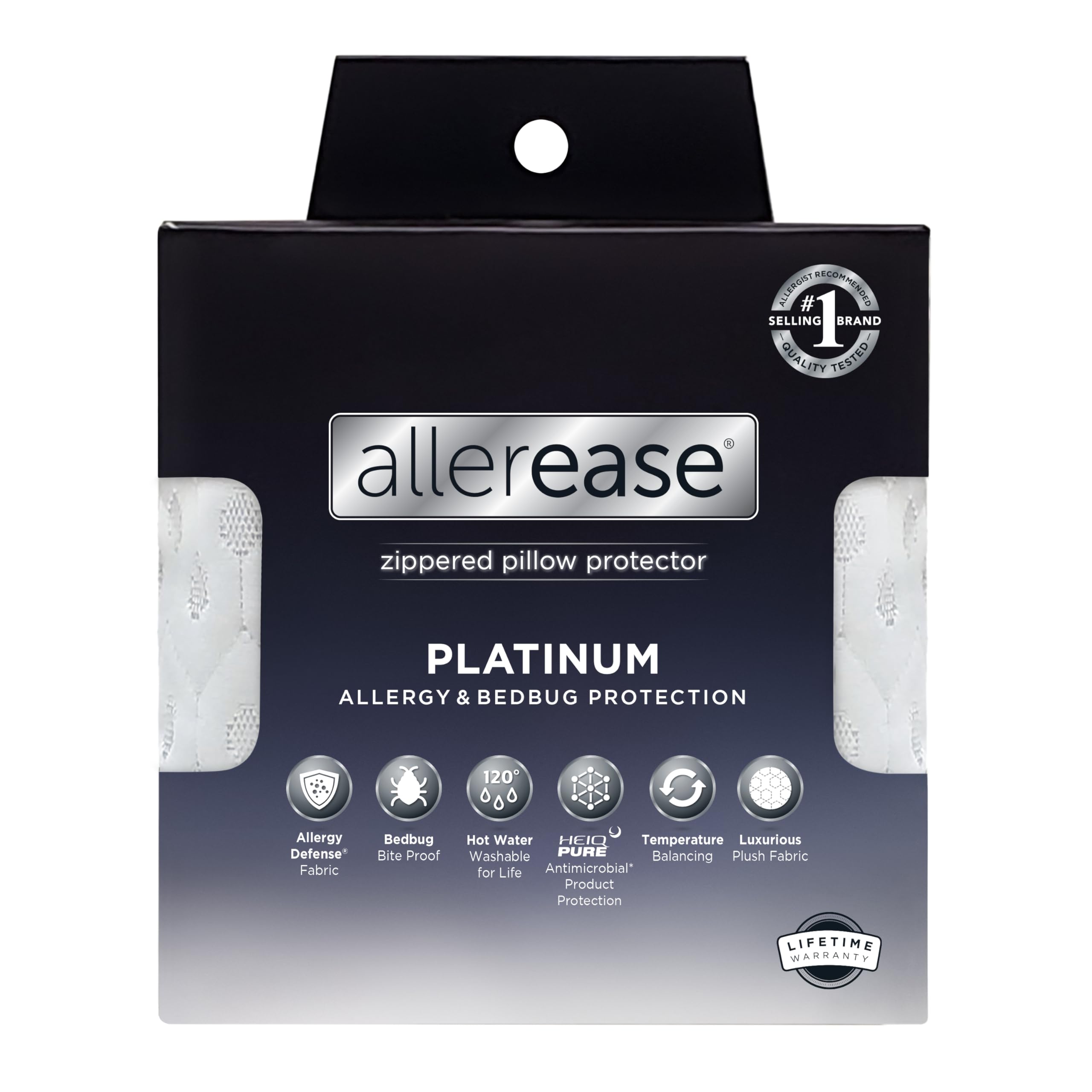 AllerEase Platinum Allergy Defense Particles Proof Temperatur Balancing Luxurious Plush Fabric Machine Washable Durable Zippered Pillow Protector, Standard/Queen Size, White
