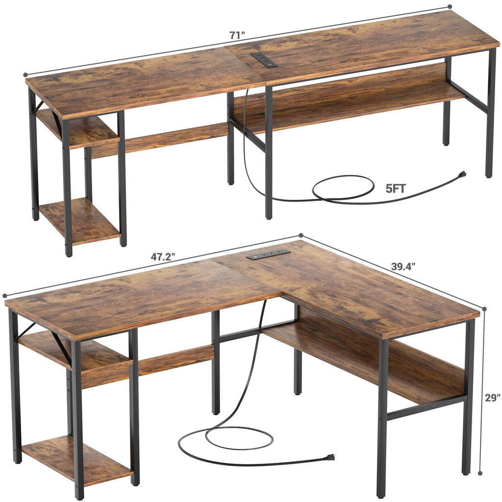 Reversible L Shaped Gaming Desk with Power Outlets and USB Charging Ports, Sturdy Computer Desk with Storage Shelf, Modern Corner Desk Home Office Table, Easy to Assemble, Gray Oak