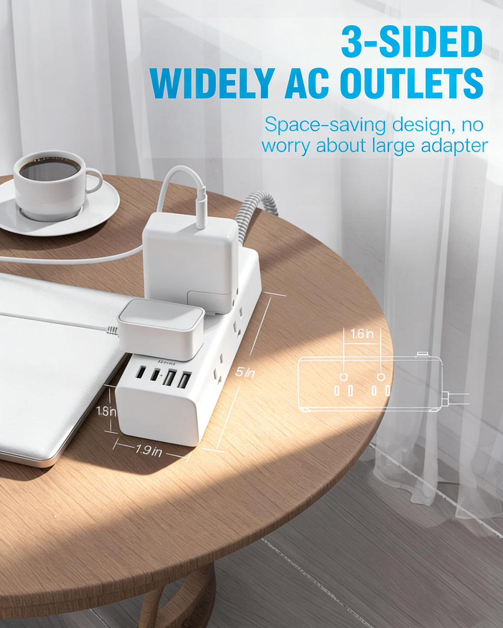 One Beat Short Extension Cord 1Ft, Flat Plug Power Strip Surge Protector - 6 Widely Outlets with 4 USB Ports (2 USB C), Wall Mount Small Power Strip for Travel, Home Office College Dorm Essentials