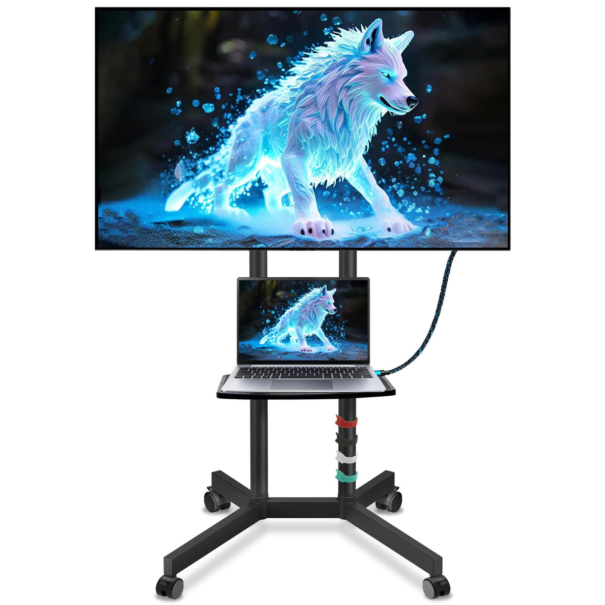 Solid Grace Rolling TV Stand with Power Outlet for 32-75 Inch TVs up to 88lbs, Portable TV Stand with Shelf, Mobile TV Cart for Living Room, Office, Meeting Room, Outdoor(with Power Outlet+Shelf)