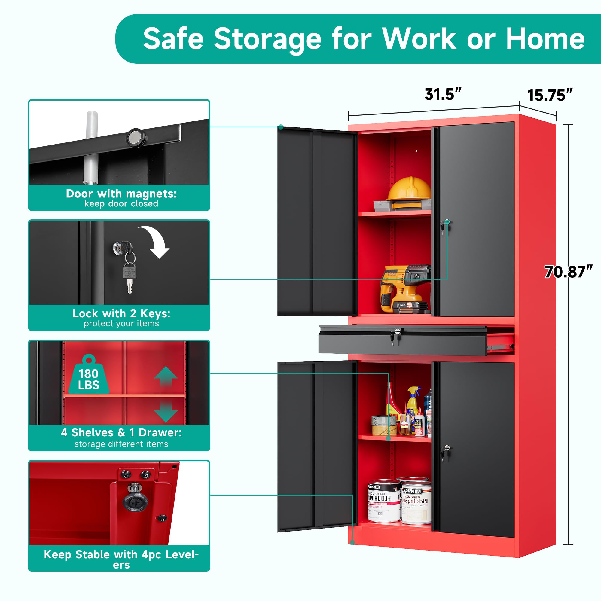 SISESOL Wide & Deep Metal Storage Cabinet with Wheels,Tall Rolling Garage Storage Cabinet with Lock,Black Metal Cabinets with Pegboards and Shelves,Tool Locker for Garage,Home,Office,43''Wx 20''Dx71"H