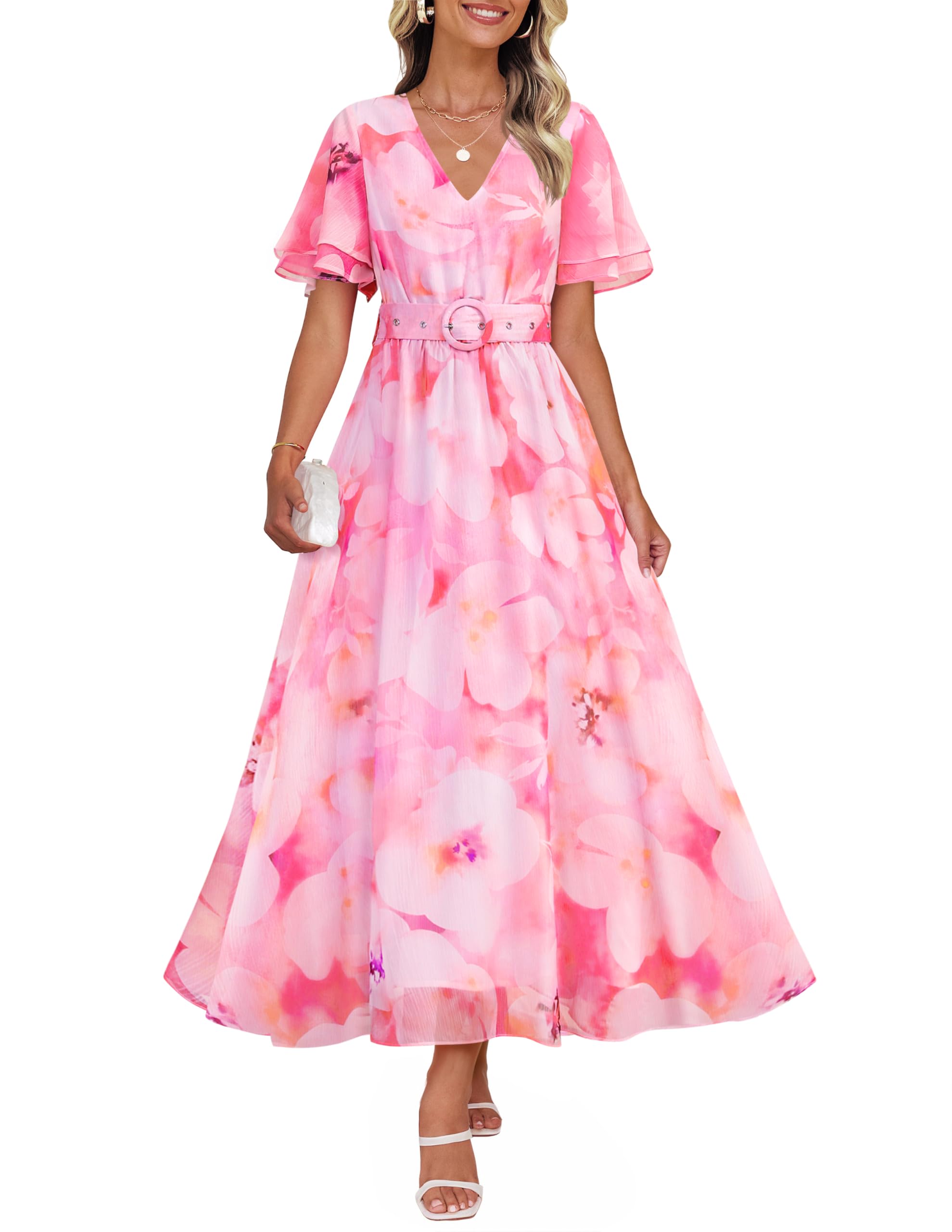 ZESICA Women's 2026 Summer Floral V Neck Midi Dress Boho Short Sleeve High Waist Flowy Beach Vacation Dresses with Belt
