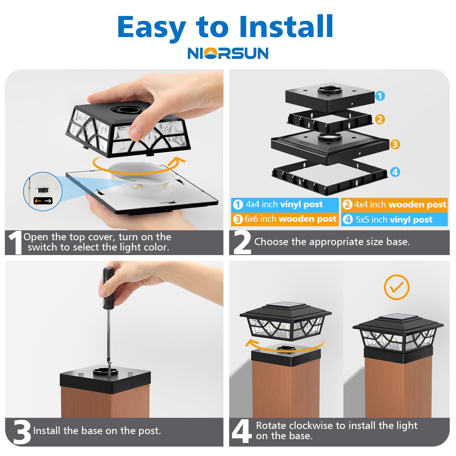 NIORSUN Solar Post Lights Outdoor 4 Pack, 2 Modes LED, Deck Fence Post Solar Lights for 3.5x3.5 4x4 5x5 5.5x5.5 Caps Patio Garden Decoration, White