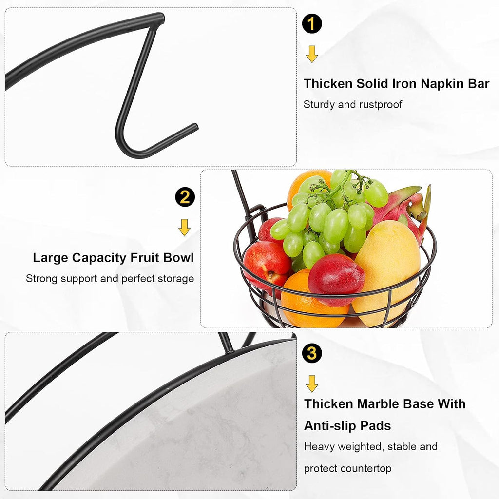 Countertop Fruit Basket Bowl with Banana Hanger, Modern Standing Fruit Vegetable Bowl Storage, with Banana Tree Holder for Kitchen Dinning Table (Round Marble, Black)