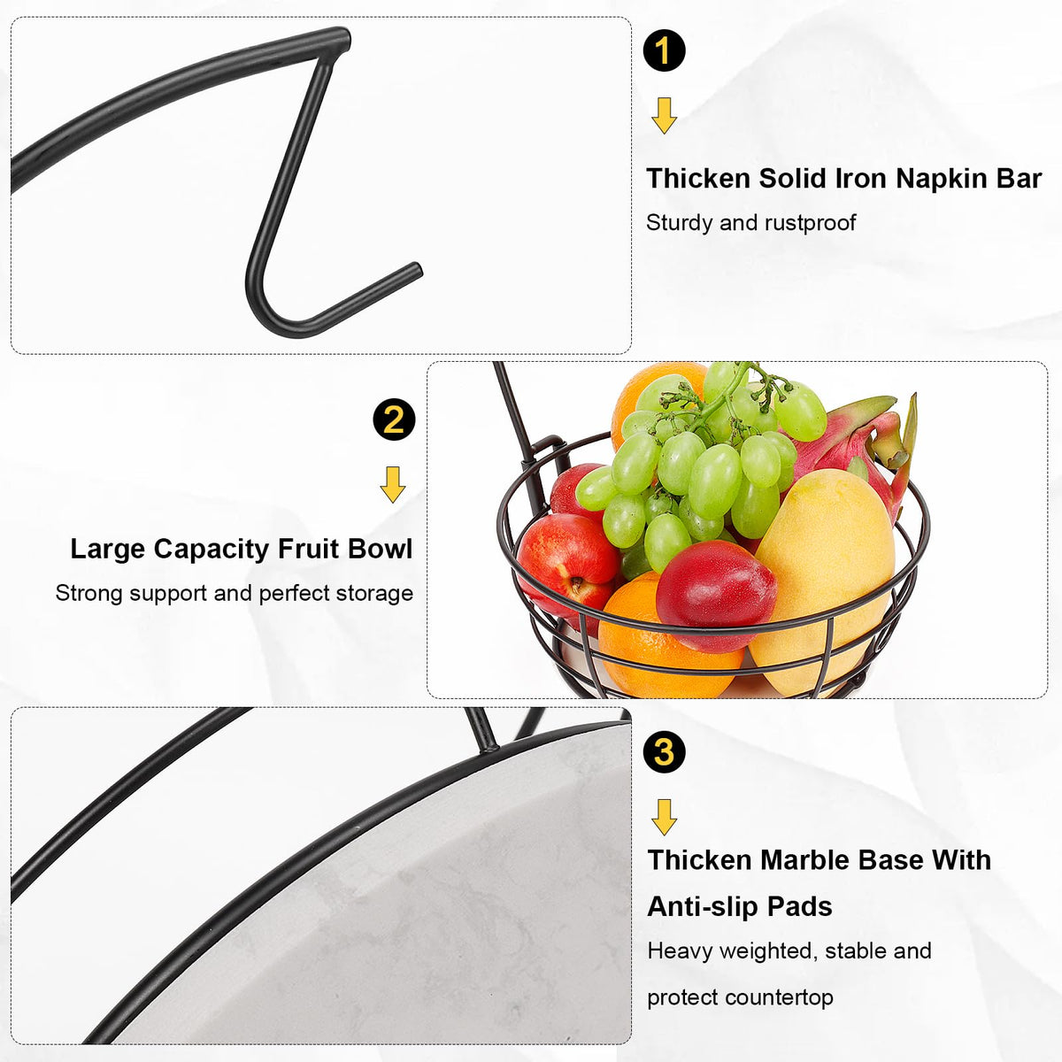 Countertop Fruit Basket Bowl with Banana Hanger, Modern Standing Fruit Vegetable Bowl Storage, with Banana Tree Holder for Kitchen Dinning Table (Round Marble, Black)