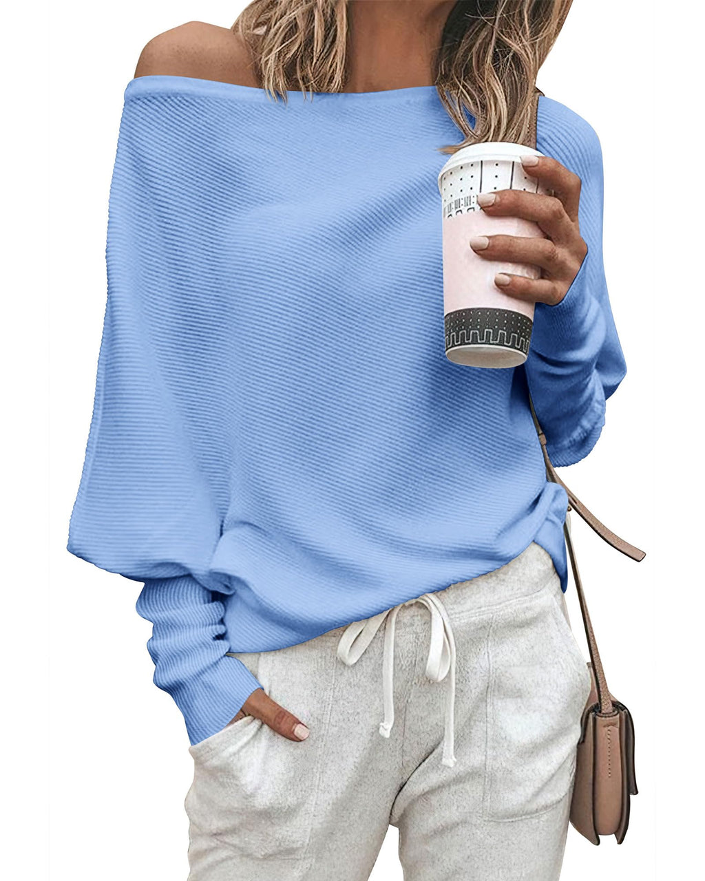 Zenlonr Women's Fall Sweaters 2026 Casual Long Batwing Sleeve Loose Off Shoulder Knit Pullovers Jumper Tops