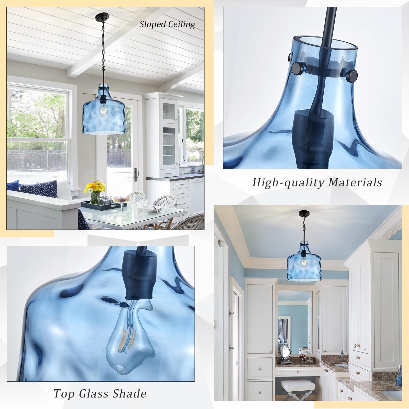 Glass Large Pendant Lights for Kitchen Island Blown Glass Pendant Light Clear Hammered Shade Hanging Ceiling Lights with Black Finish for for Kitchen Island, Sink, Hallway, Living Room 11 inch