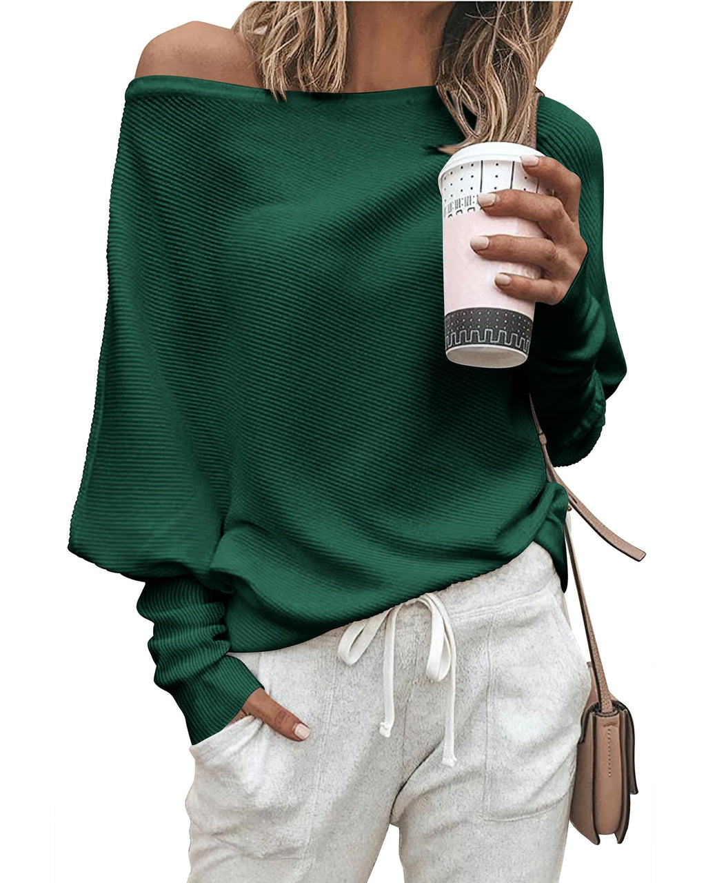 Zenlonr Women's Fall Sweaters 2026 Casual Long Batwing Sleeve Loose Off Shoulder Knit Pullovers Jumper Tops